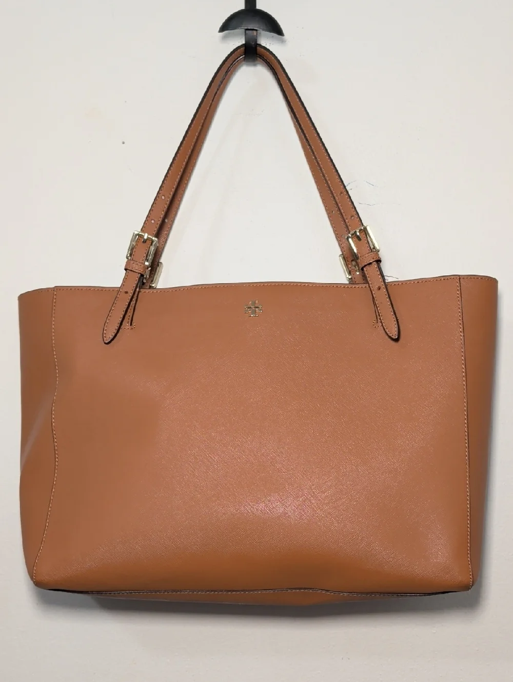Tory Burch York Buckle Tote Bag Saffiano Leather Cognac Brown Gold Hardware